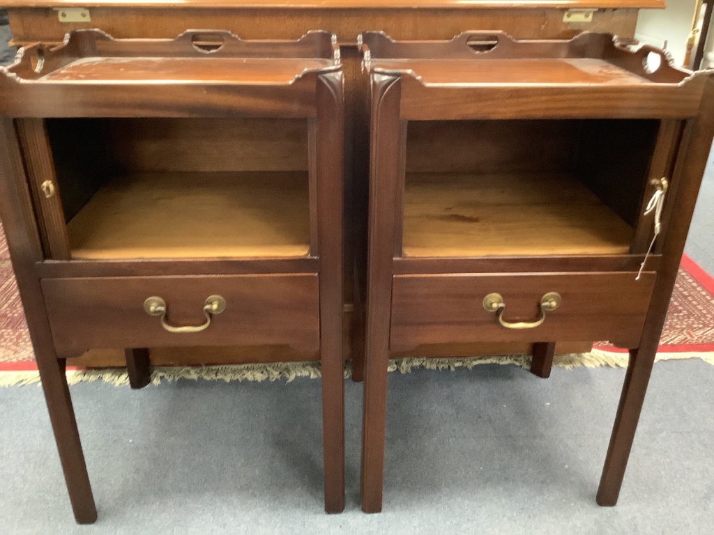 A pair of Georgian style mahogany tray-top bedside commodes, each having tambour shutter on square supports, width 48cm depth 42cm height 79cm